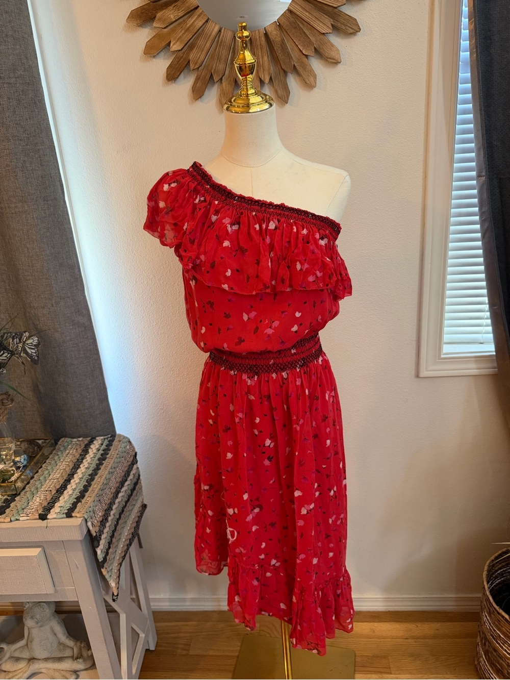 Joie Red Floral One Shoulder Ruffle Midi Dress Size Small
